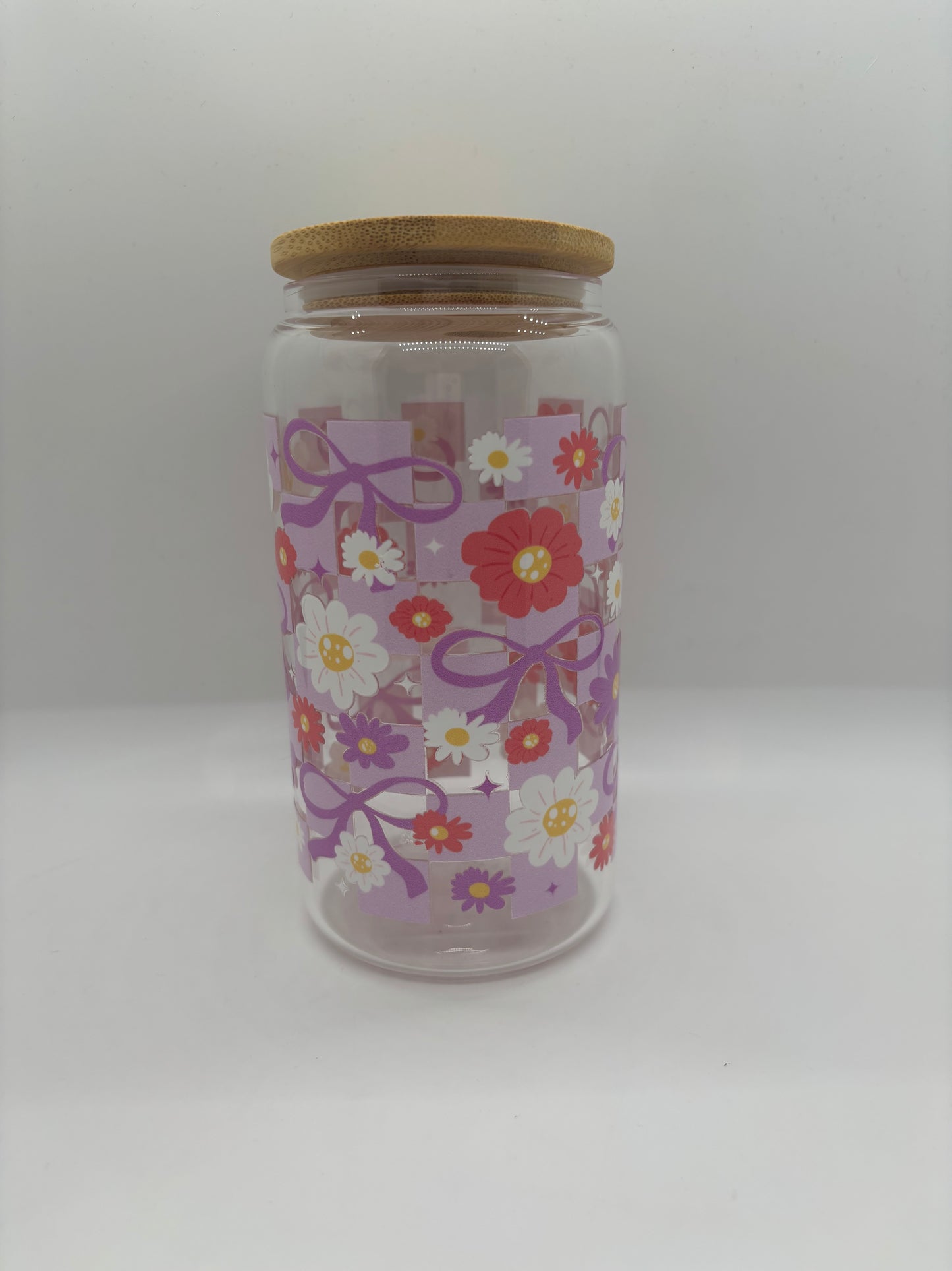 Purple Checks and Bows Glass Can Cup
