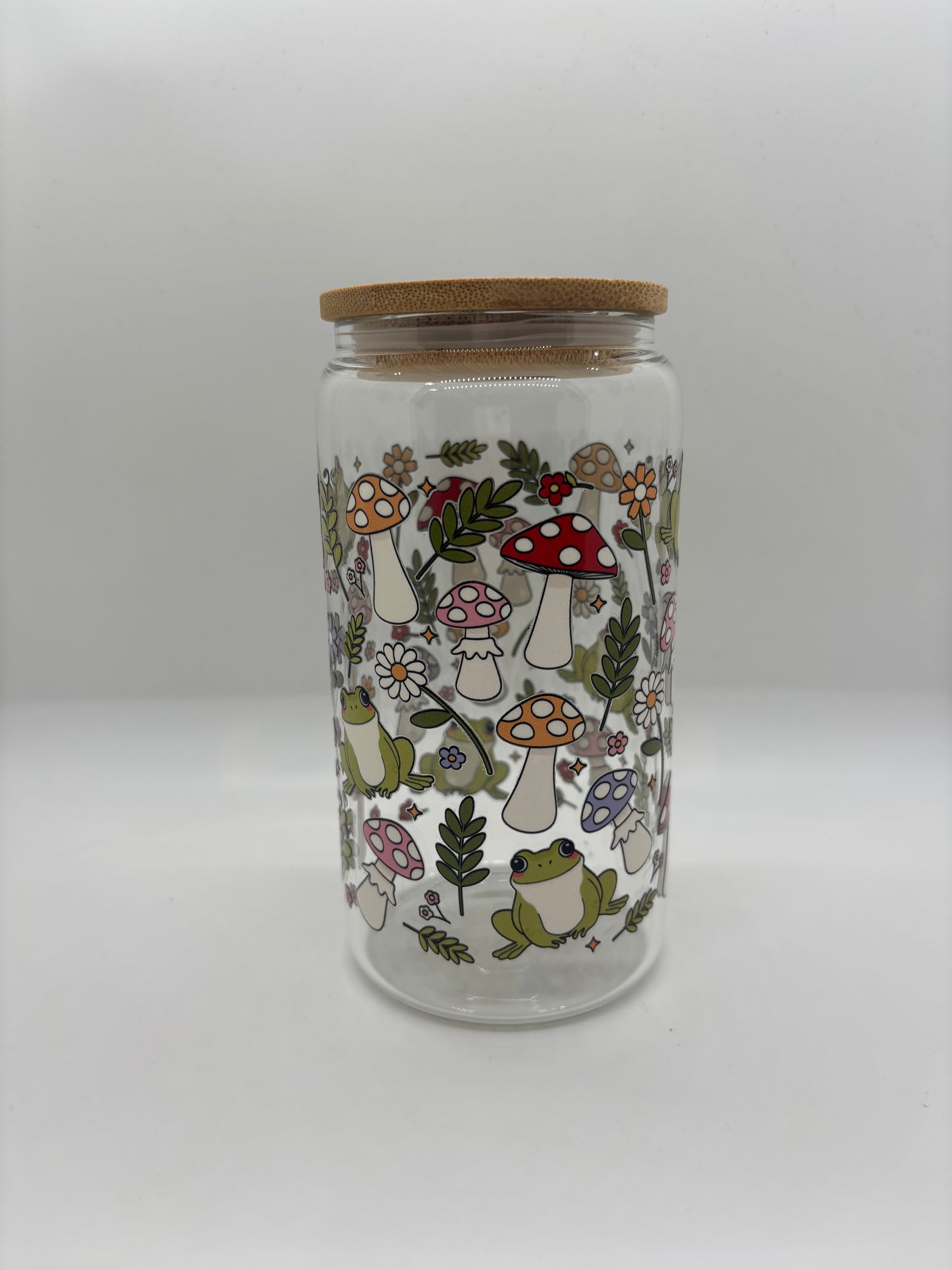 Mushroom and Frogs Glass Can Cup