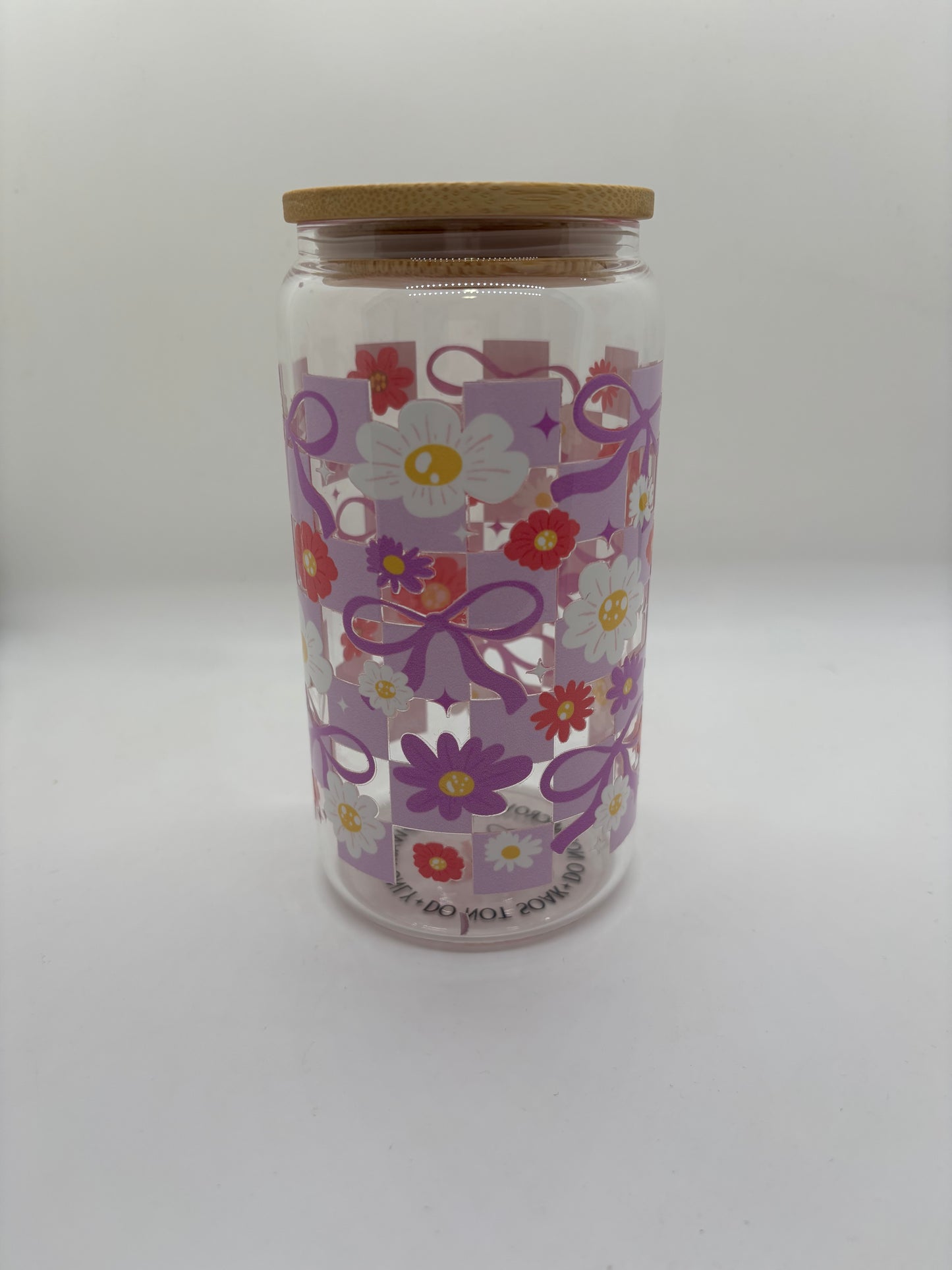 Purple Checks and Bows Glass Can Cup