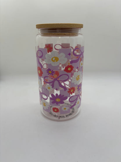 Purple Checks and Bows Glass Can Cup