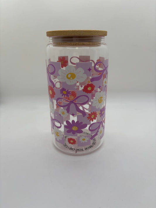 Purple Checks and Bows Glass Can Cup