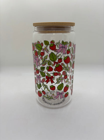 Strawberries and Bows Glass Can Cup