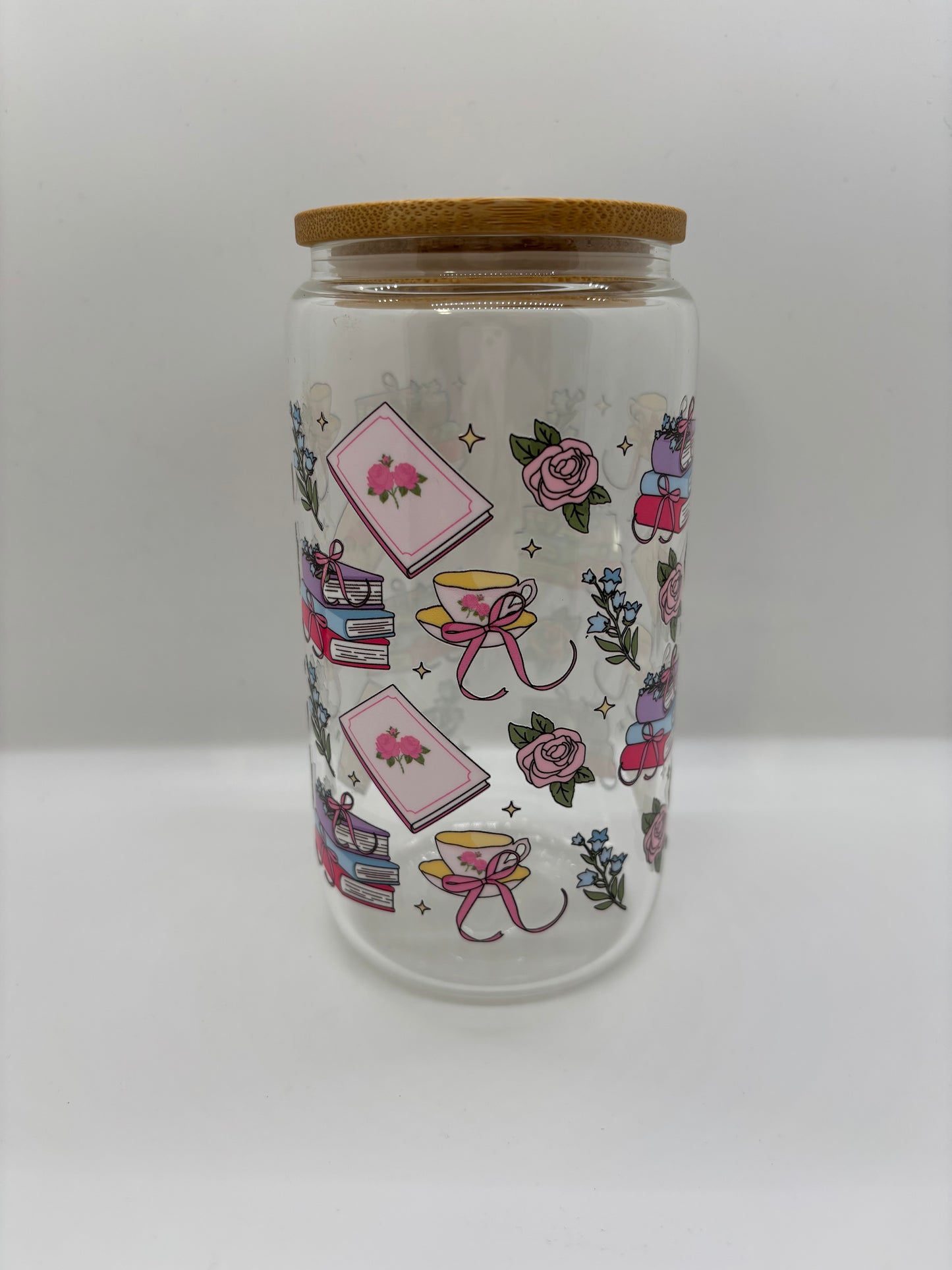 Tea & Books Glass Can Cup