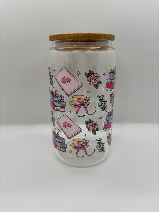 Tea & Books Glass Can Cup