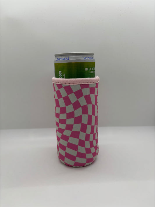 Pink Checkered Skinny Can Coozie