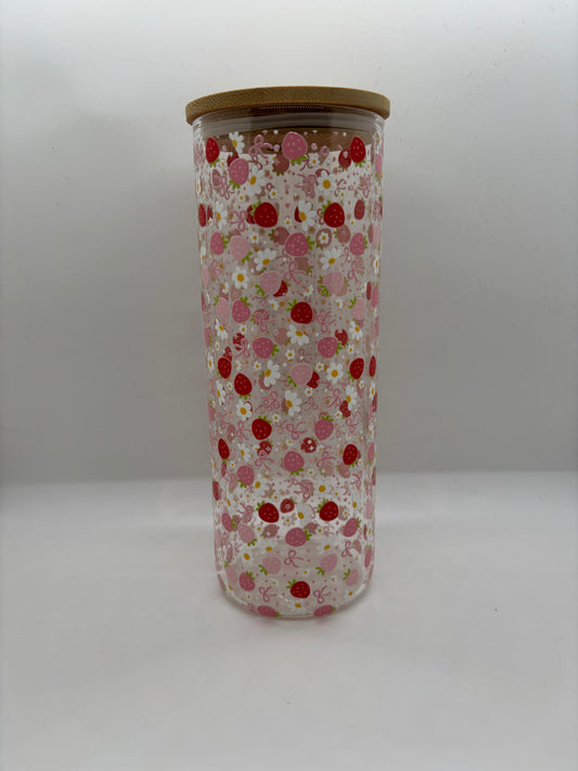 Strawberry & Bows 25oz Glass Can Cup