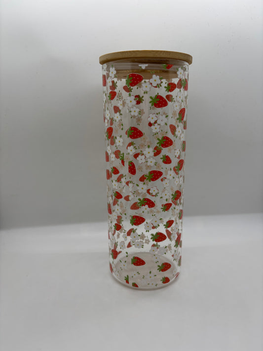 Strawberry Garden 25oz Glass Can Cup