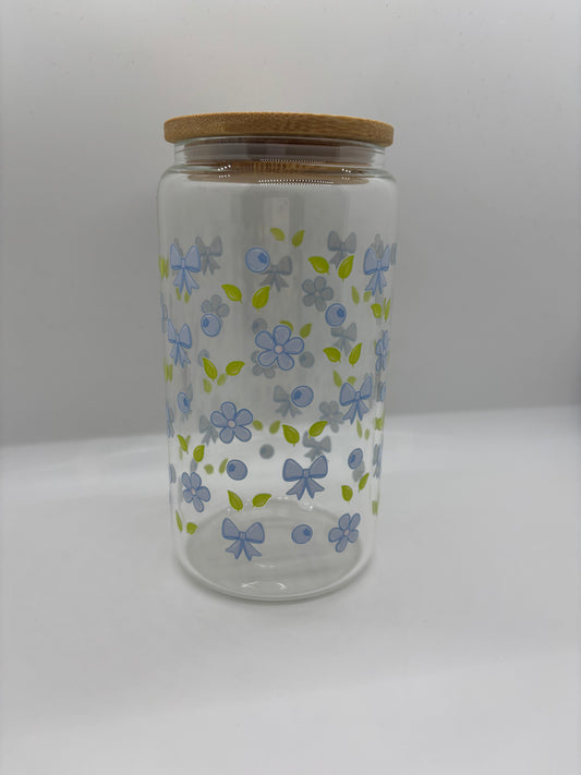 Blueberries and Bows Glass Can Cup