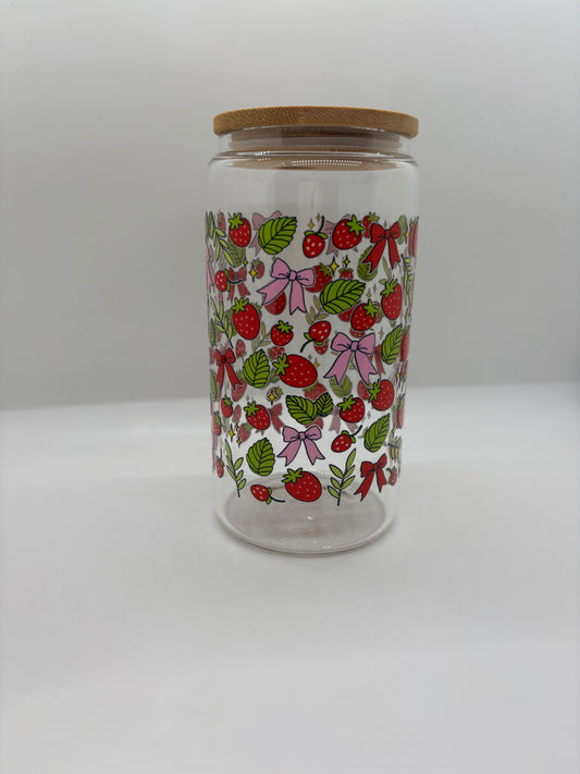 Strawberries and Bows Glass Can Cup