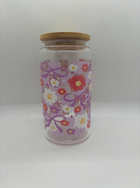 Purple Checks and Bows Glass Can Cup