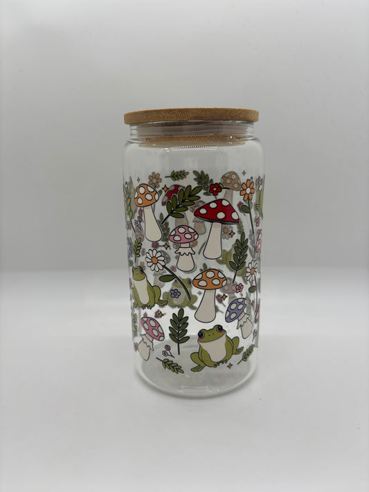Mushroom and Frogs Glass Can Cup