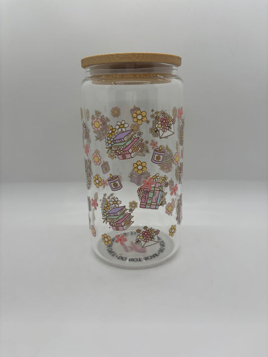 Floral Books Glass Can Cup