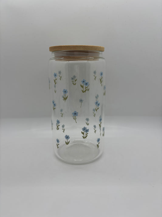 Dainty Blue Flowers Glass Can Cup