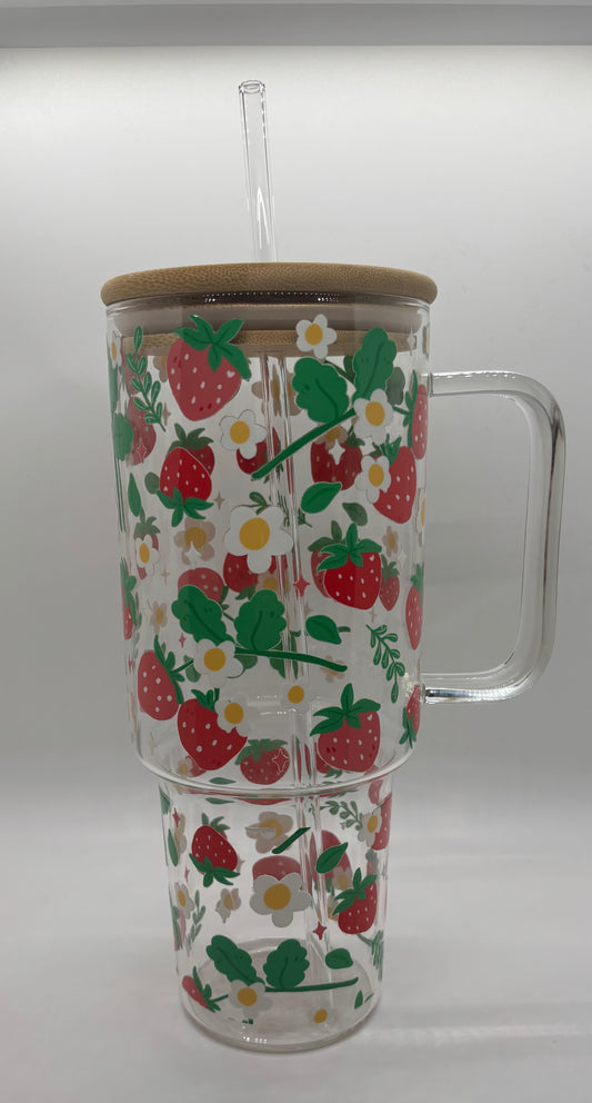 40oz Strawberries and Flowers Glass Cup