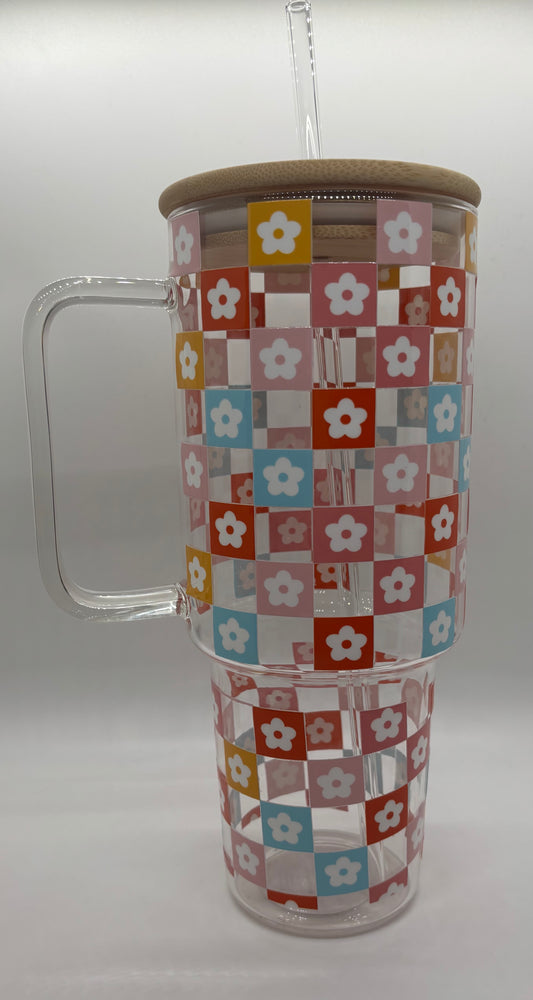 40oz Checkered Flowers Glass Cup